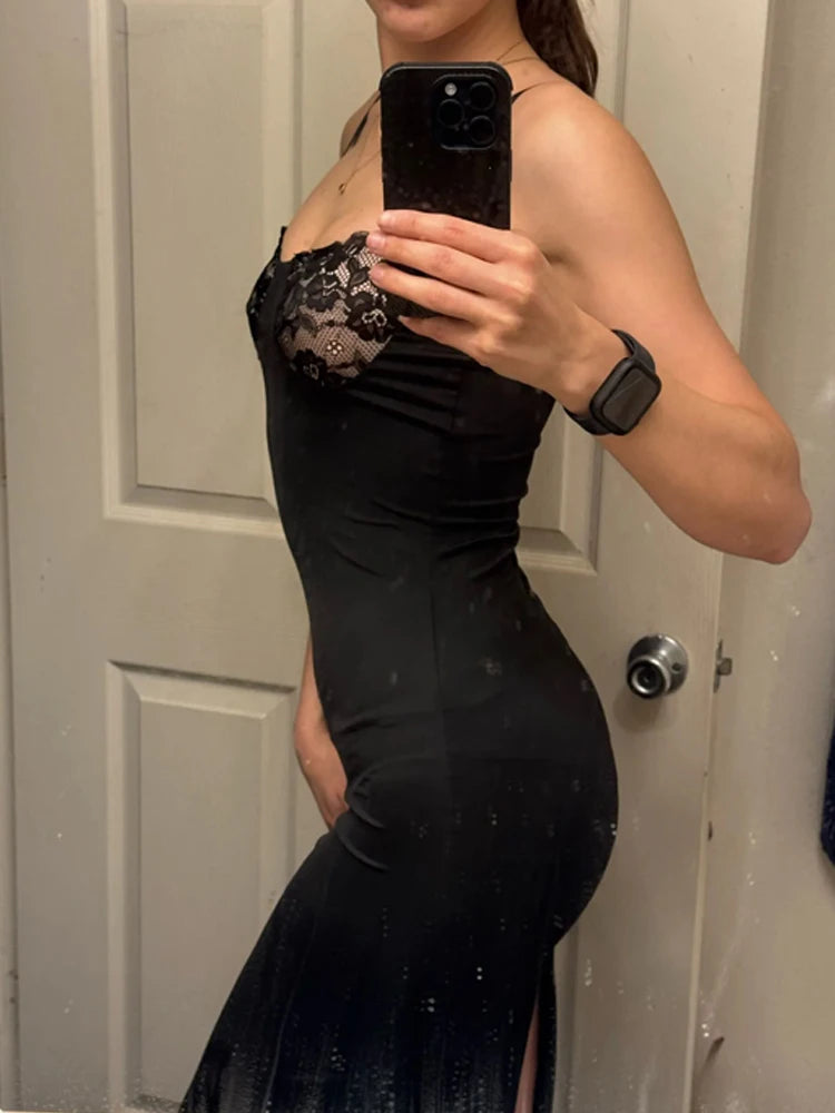 Sexy Camis Dress Women Skinny Patchwork Chest Summer Elegant Skinny Elastic Stretch Maxi Bodycon Clubwear Vestidos