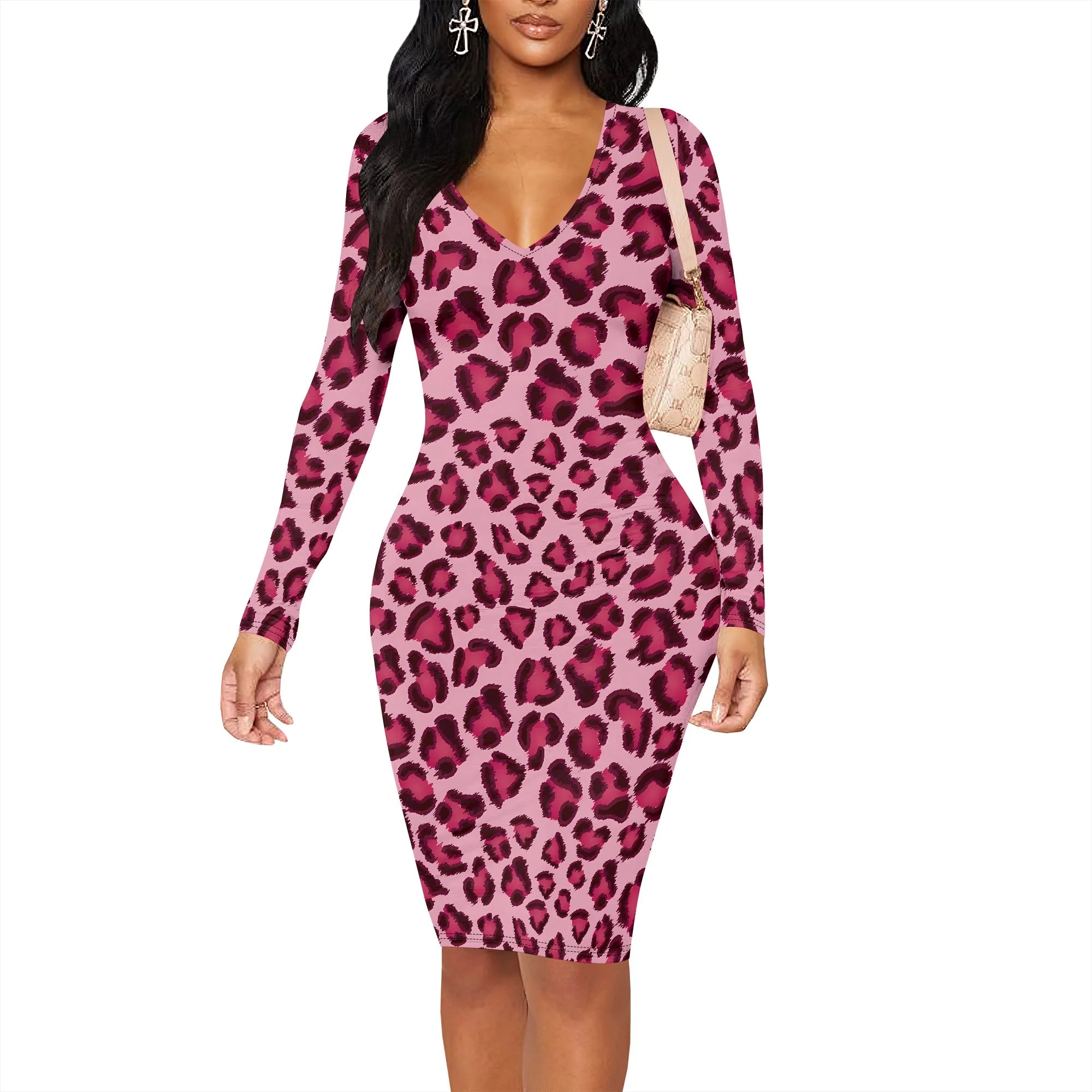 Sexy Pink Leopard Print Bodycon Dress for Women Long Sleeve Slim Fit Clubwear Dress