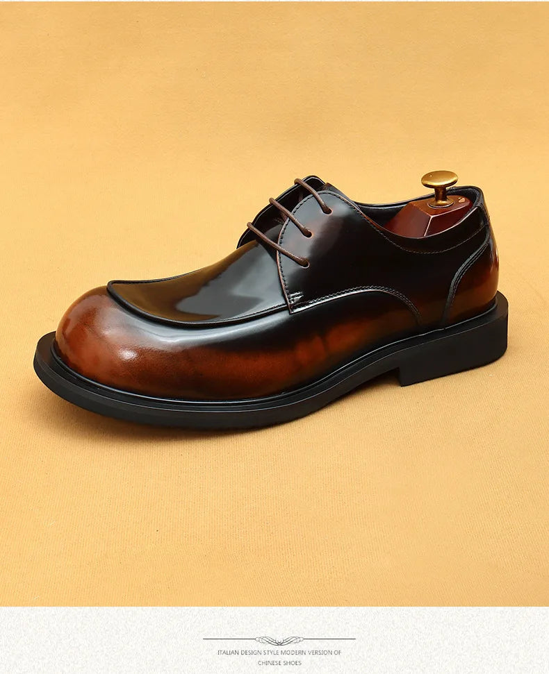 Men's business lace up casual leather shoes British big toe shoes cowhide patent leather round toe derby shoes Retro men's shoes