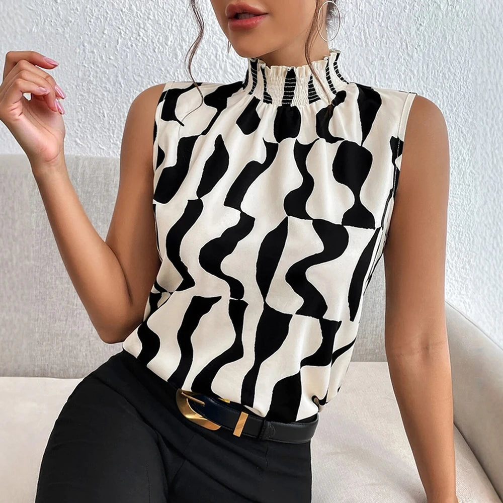 Blouses Spring Summer Casual Hot Sweet Irregular Grain Contrast Colour Sleeveless High Neck Daily Blouses for Women