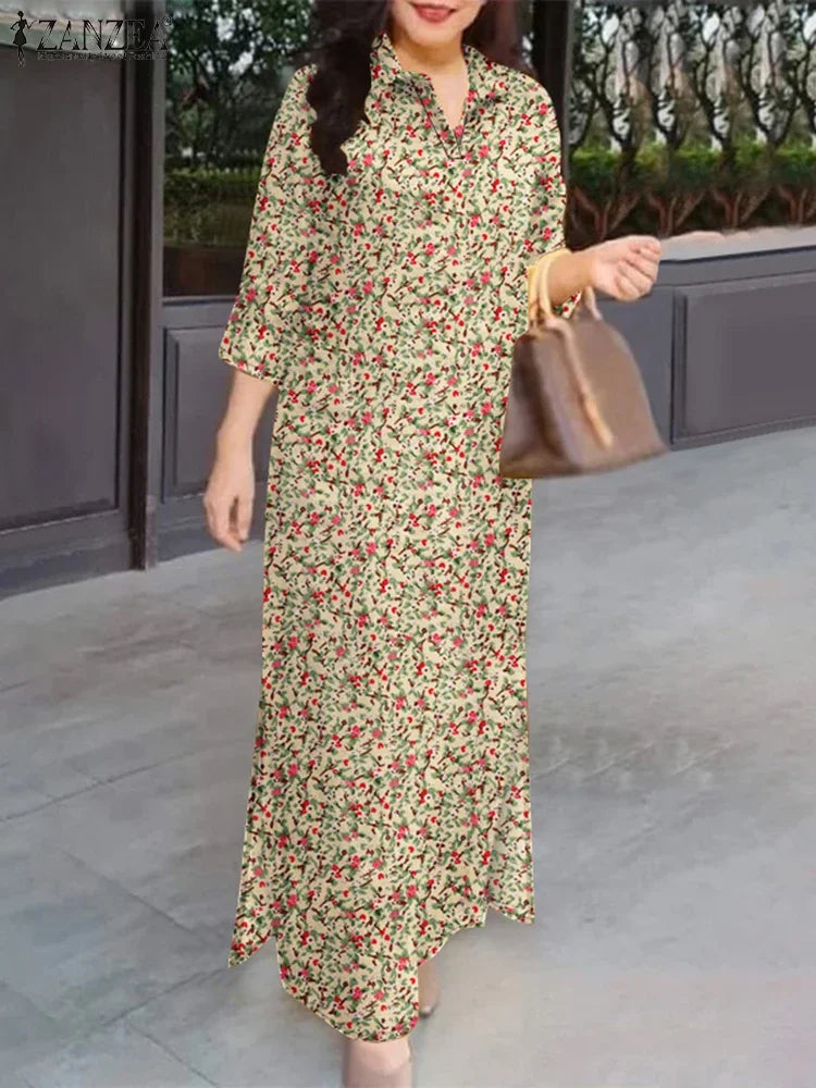 2025 Spring 3/4 Sleeve Maxi Dress Turn-down Collar Holiday Shirt Dress Loose Casual Floral Printed Women Vintage Vestidos