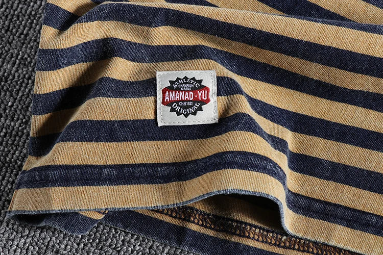 Summer New Japanese Retro Short Sleeve Striped T-shirt Men's Fashion 100% Cotton Slim Simple Round Neck Washed Old Casual Tops