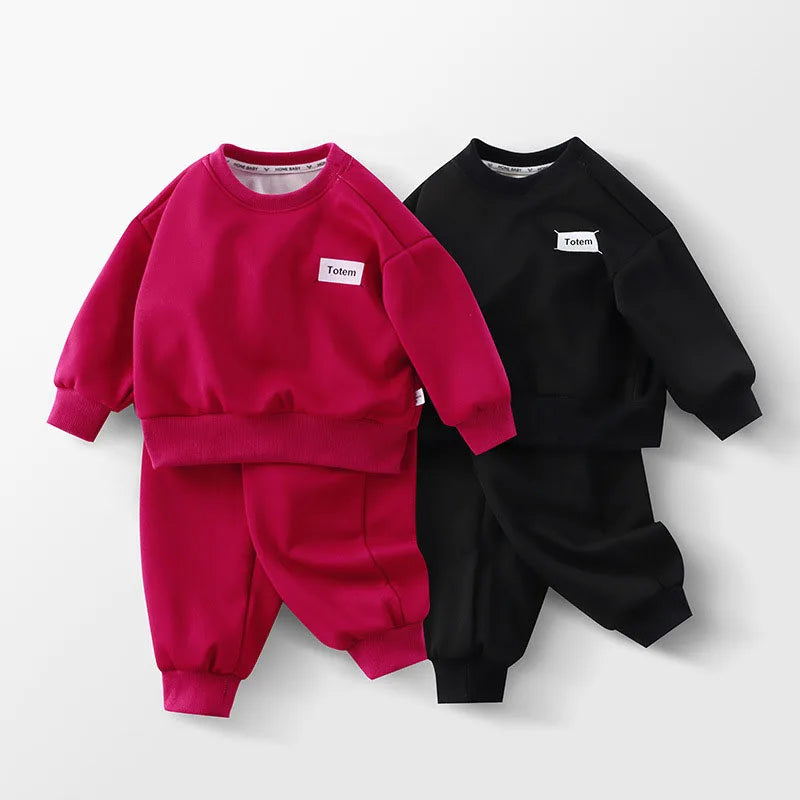 Kids Thicken Clothes Set Girls Cute Solid Colour Letters Sweatshirt + Pants Children Sports Suit Boys 2PCS Outwear 2-8T Unisex