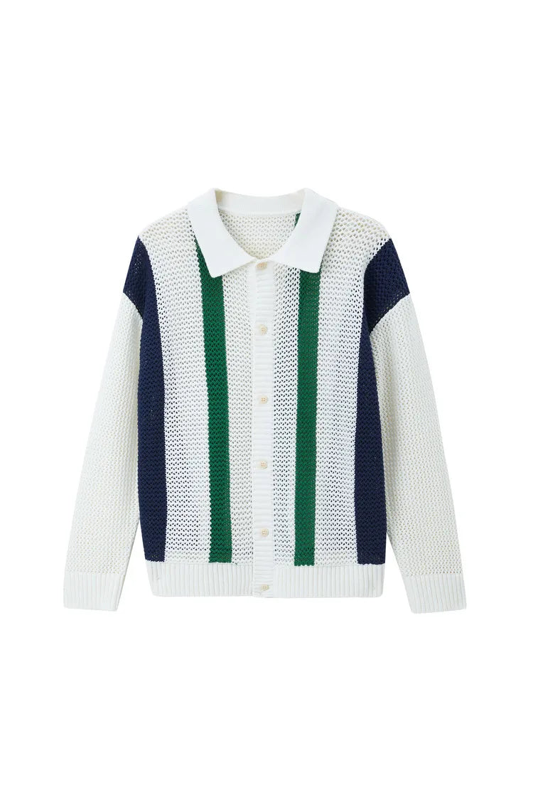 Men's Autumn/Winter Colour-Block Striped Polo Collar Knitted  High Quality Hollow Out Cardigan With 60% Cotton