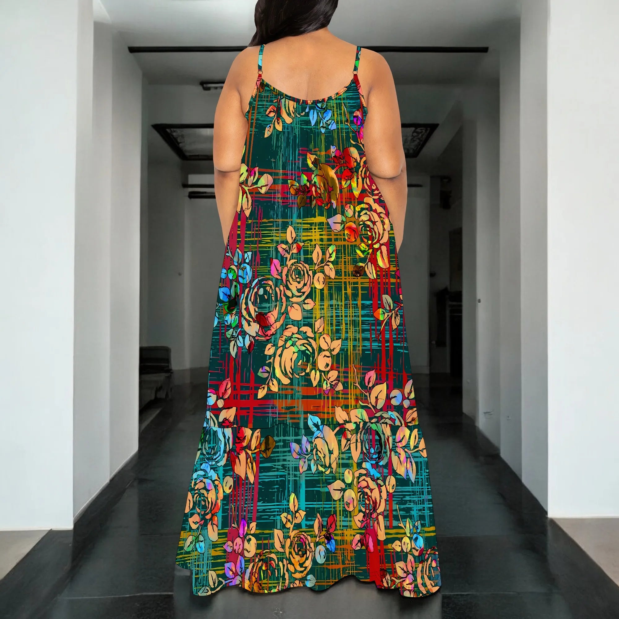 Colorful Plaid Floral Maxi Dress for Women Sleeveless Casual Spaghetti Strap Vacation Outfit