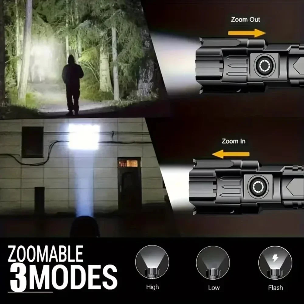 Super Bright Zoom Flash Flashlight,3 Lighting Modes,Rechargeable Portable LED Torch,Ideal for Outdoor,Camping,Fishing,Emergency