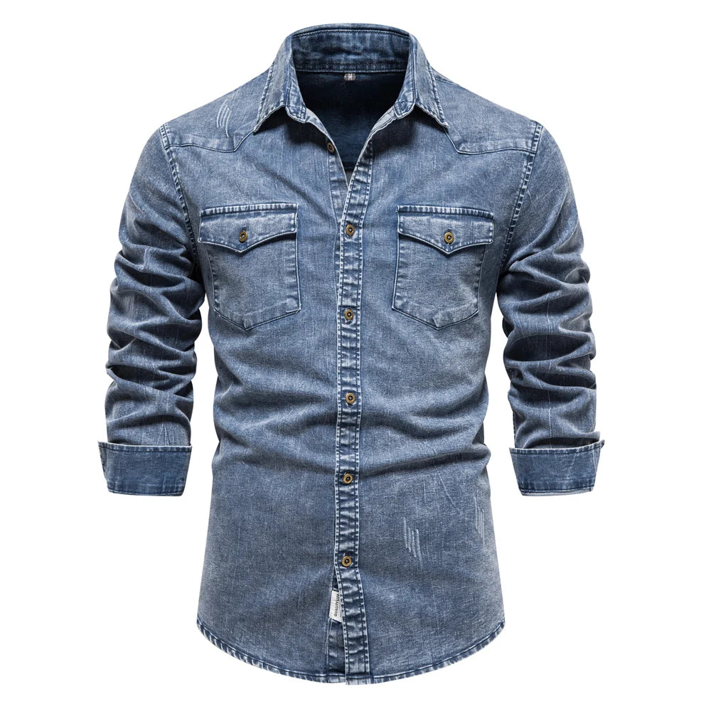 Men's Cotton Denim Shirts Double Pocket Solid Colour Casual Male Cowboy Shirts New Autumn Slim Quality Shirts for Men