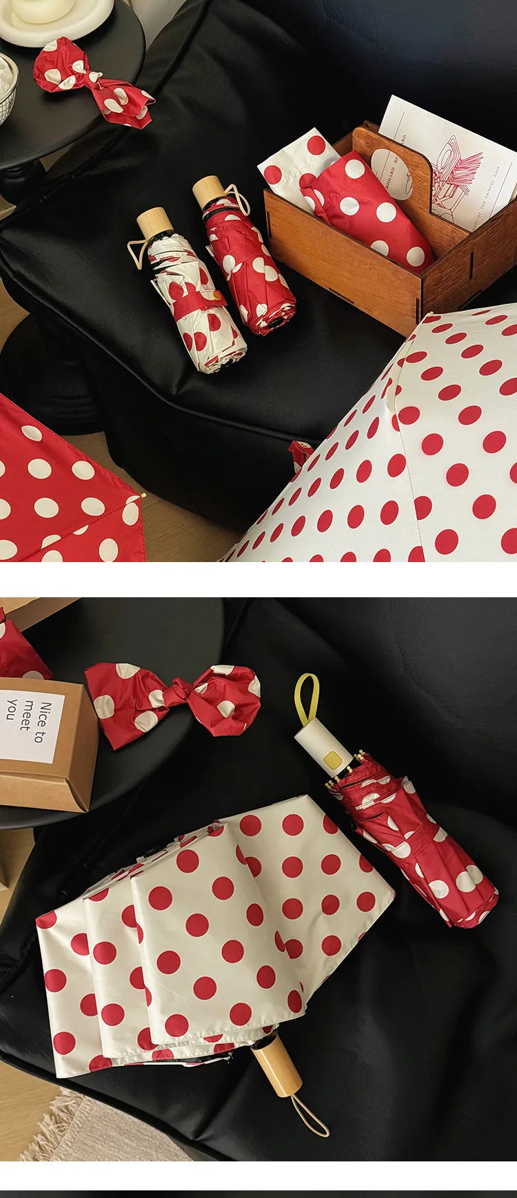 Large Polka Dots AutoOpen/Close Women’s Retro Aesthetic 2-in-1 Umbrella - UPF 50+ Protection 3-Fold Compact, Windproof & Stylish