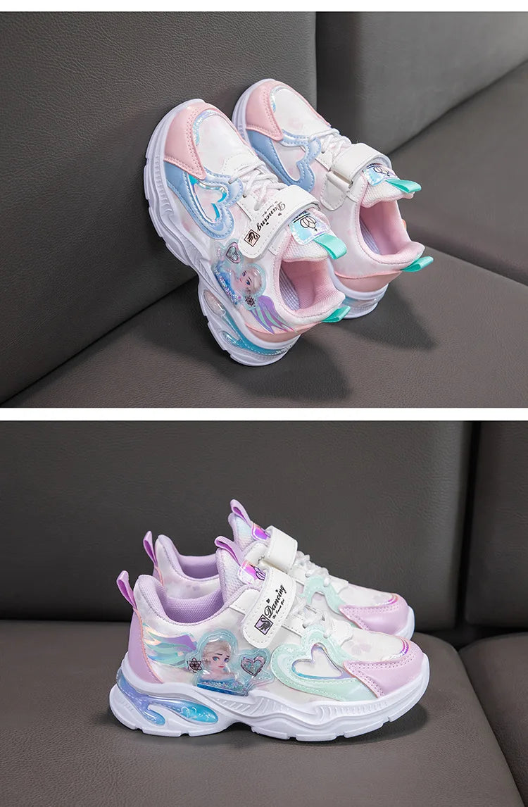 Girls' Casual Shoes Frozen Princess Elsa Sneakers Mesh Leather White Breathable Sole Children's Sport Shoes Size 26-37