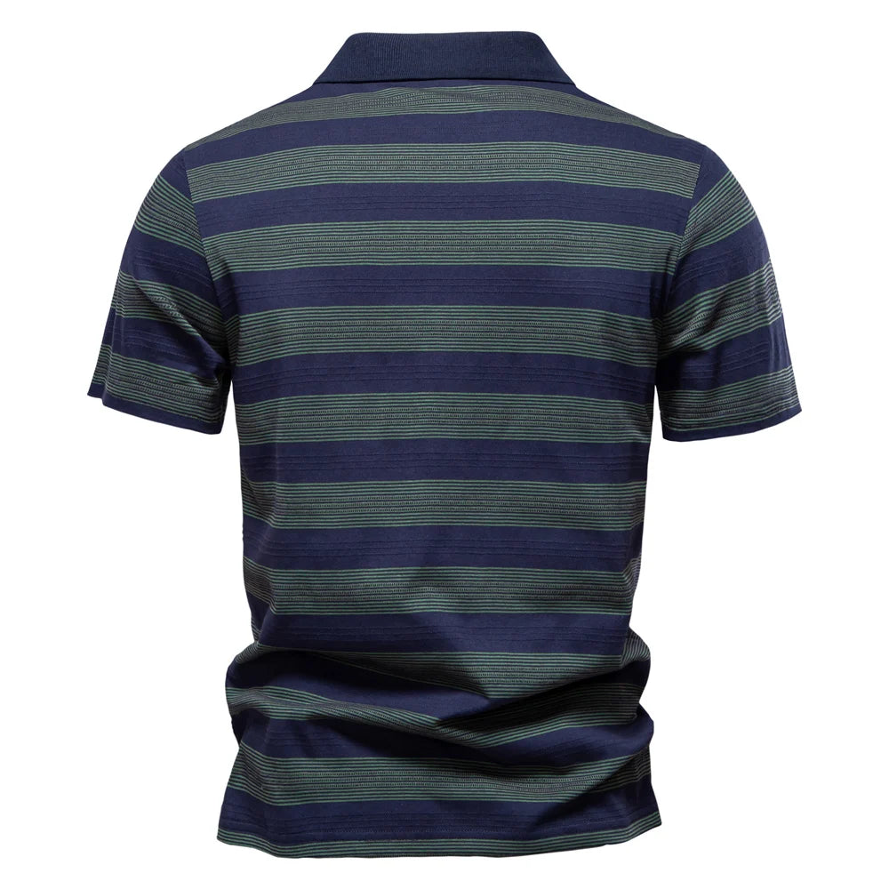 2025 New Summer Striped V Neck Cotton Polo Shirts for Men Breathable Short Sleeve Casual Knit Shirts Comfort Fit