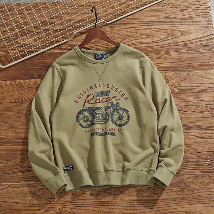 Herfst Nieuwe Amerikaanse Retro 450g Dikke Fluwelen Motorfiets Bedrukte Sweatshirts Heren Eenvoudige Gewassen Jeugd Casual Pullover Sportkleding