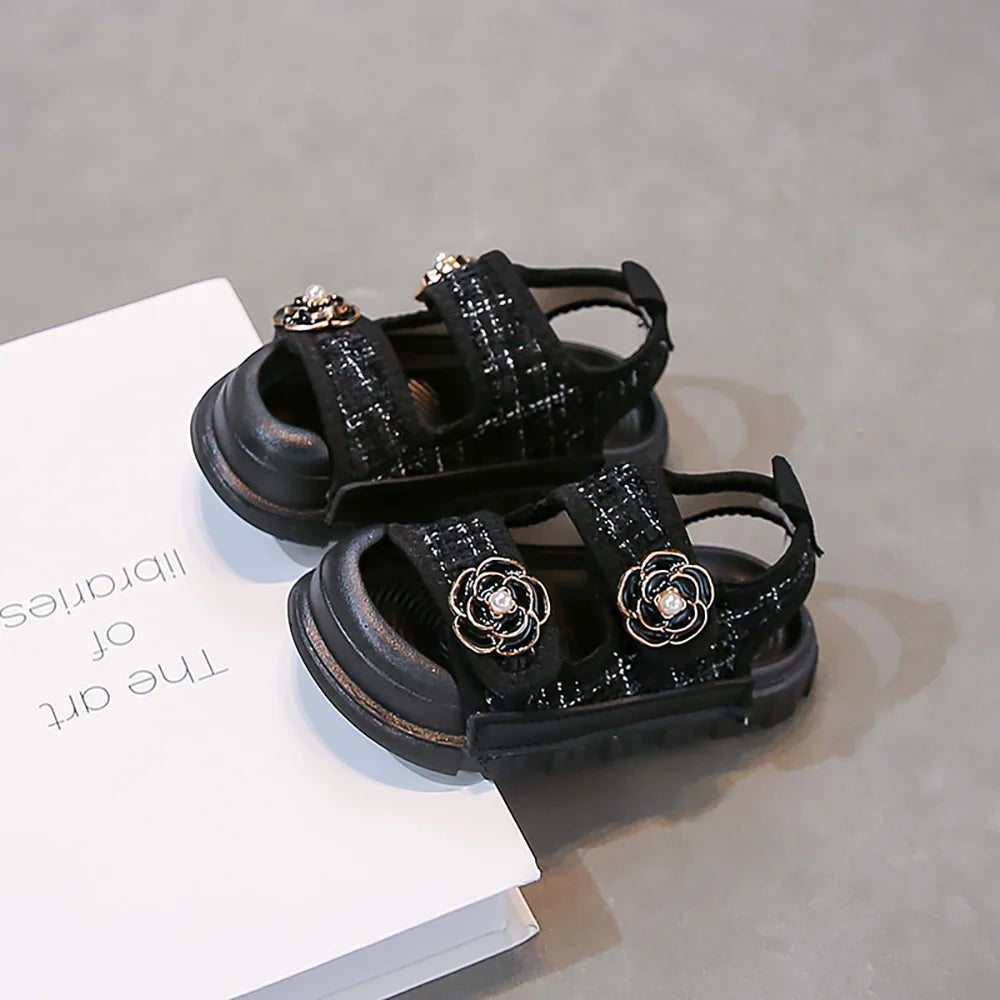 Korean Style Summer Sandals For Girls Luxury Pearl Flower Children's Beach Shoes Ergonomics Soft-soled Kid's Girl Sandals