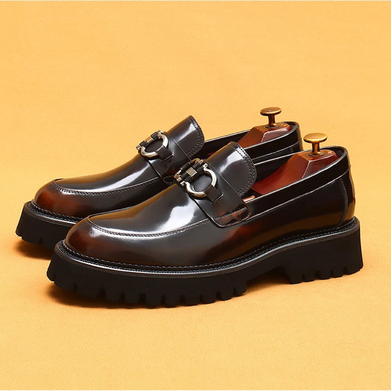 Cow Leather British Loafers Men Glossy Leather Business Casual Heightening Shoes - Non-Slip Tire Soles Dress and Round Toe Shoes