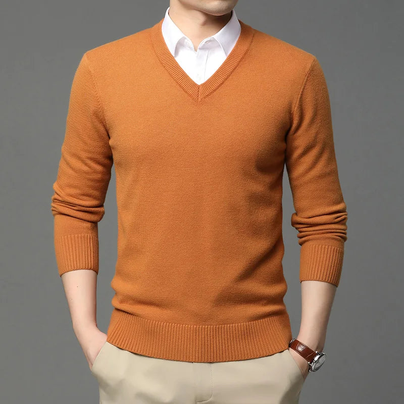 Men's High Quality Fashion Brand, Woollen Knit Pullover V-Neck Sweater, Autumn and Winter Casual Male Jumper