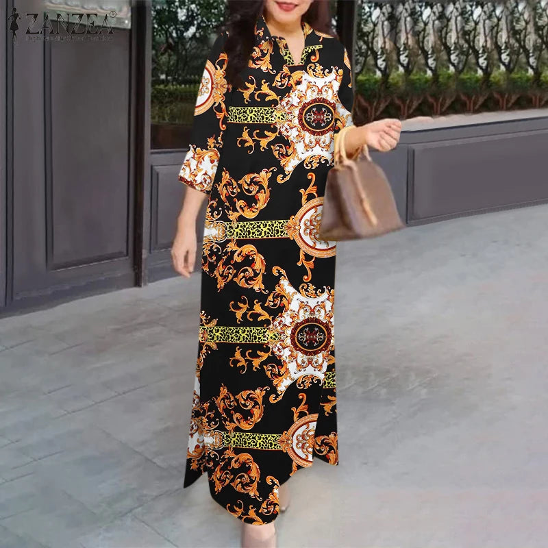 Fashion Slit Hem Shirtdress 3/4 Sleeve Women Vintage Casual Maxi Dress Autumn Baroque Print Lapel Neck Long Vestidos