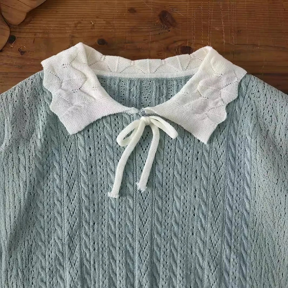 Kid's Knitted T-shirt Girls Simple Turn Down Collar Pullover Children's Thin Hollow Out Knit Short Sleeve Tee 1-6Y Girls