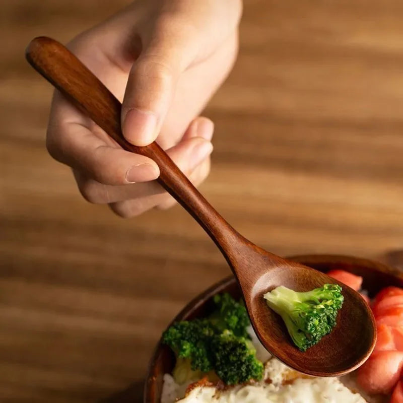 1/10Pcs Wood Soup Spoons Long Handle Coffee Milk Teaspoon Sugar Spice Condiment Scoops Kitchen Tableware Tools Wooden Spoon