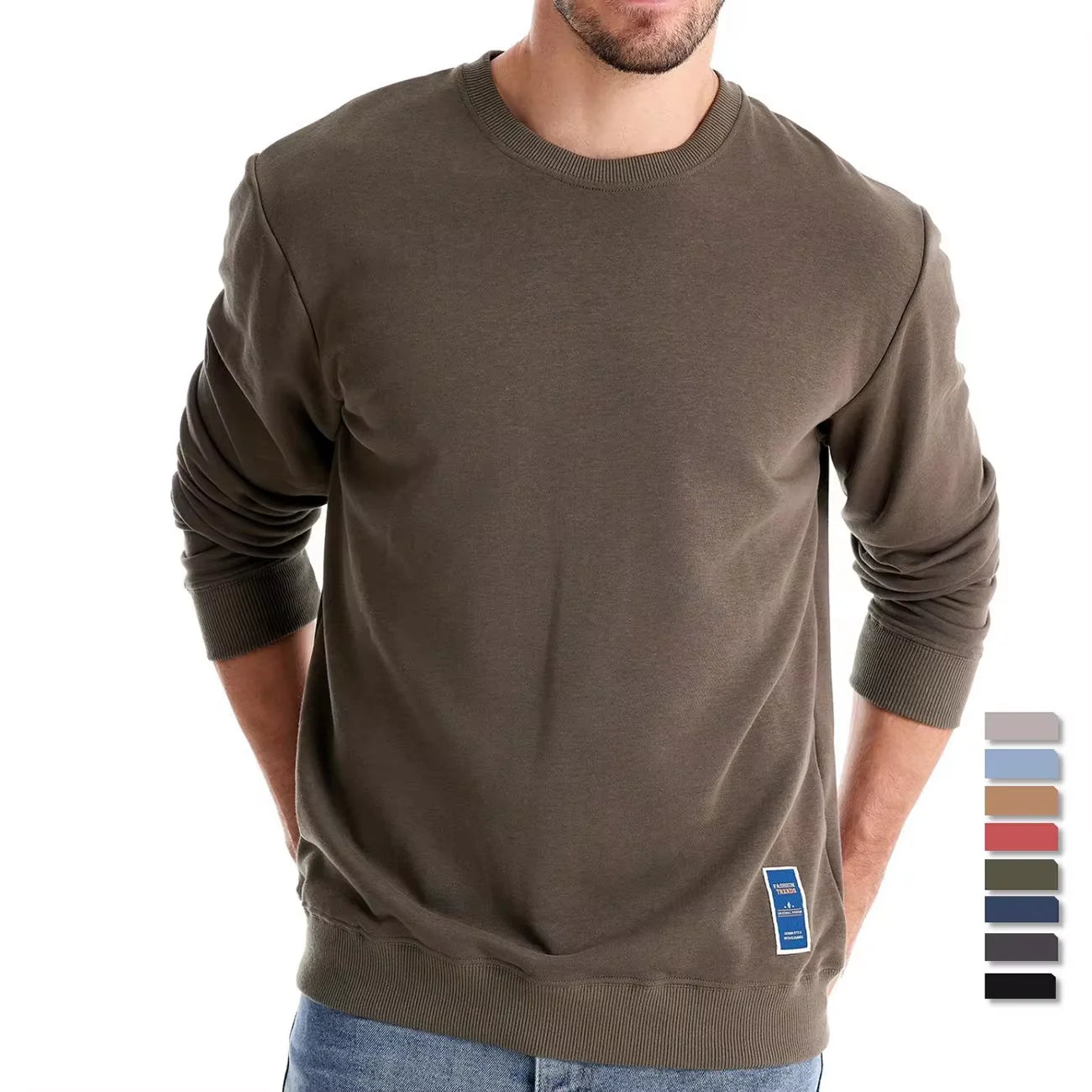 Men's Cotton-Blend Crew Neck Solid Colour Sweatshirts Pullover Casual Sport Sweatshirt for Men