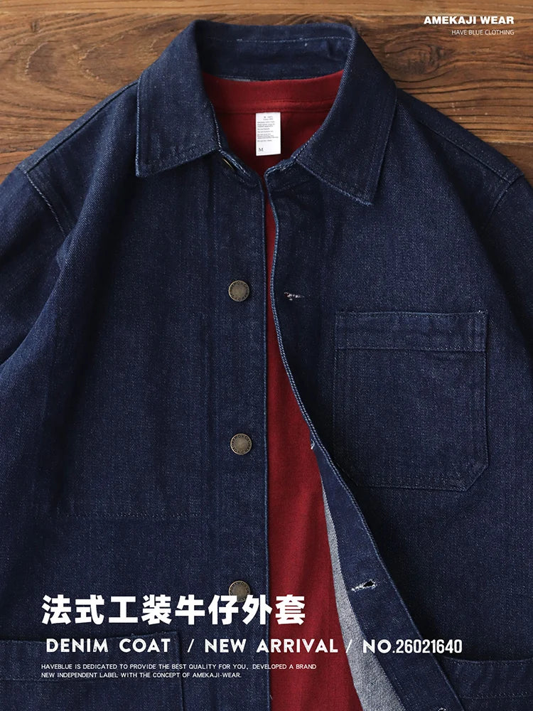 Spring Autumn New American Retro Heavyweight Denim Cargo Jacket Men's Fashion Pure Cotton Washed Multi Pocket Casual Coat
