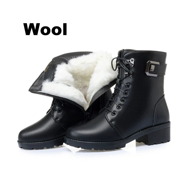 Female Ladies Women Genuine Leather Ankle Boots Platform Winter Autumn Plush Fur Warm Shoes Plus Size Lace Up 35-43
