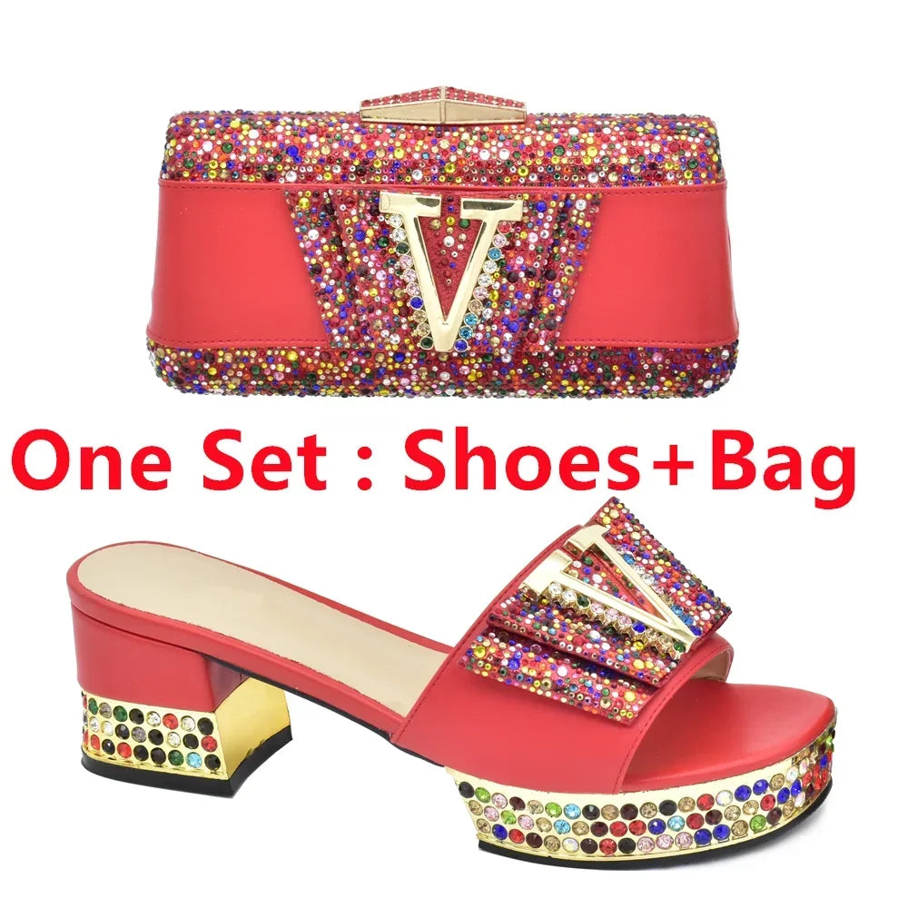 Fashion Ladies Shoe and Bag Set Latest Designers Nigeria Party Shoes and Bags for Women Full Rhinestone Wedding Shoes for Bride
