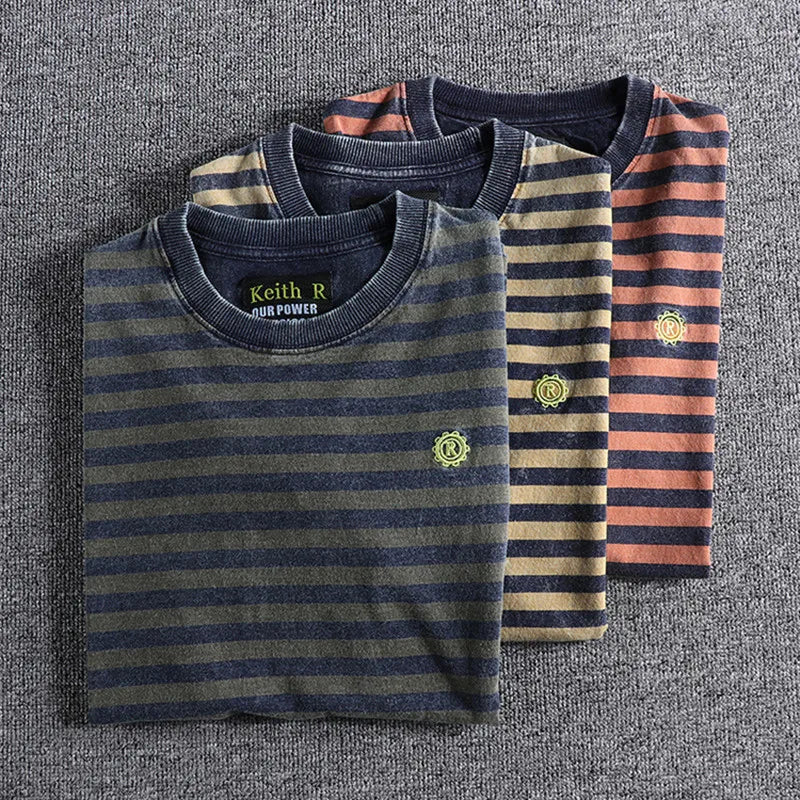 Summer New Japanese Retro Short Sleeve Striped T-shirt Men's Fashion 100% Cotton Slim Simple Round Neck Washed Old Casual Tops