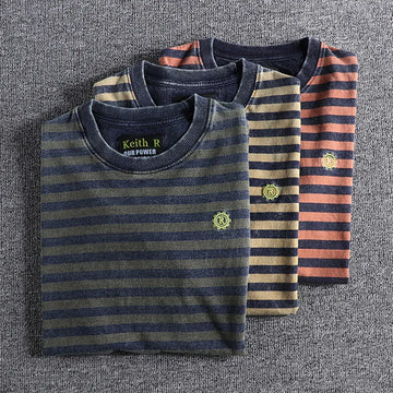 Summer New Japanese Retro Short Sleeve Striped T-shirt Men's Fashion 100% Cotton Slim Simple Round Neck Washed Old Casual Tops