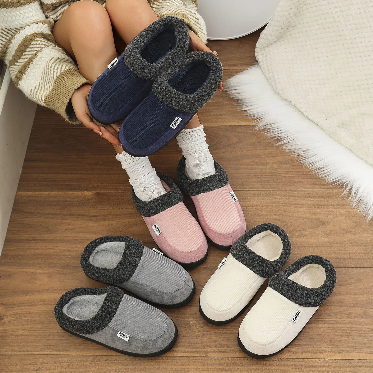 Unisex Winter Cotton Warm Shoes Fleece Lined Outdoor and Indoor Fuzzy Slides With Anti-Skid Short Plush House Slippers For Men & Women