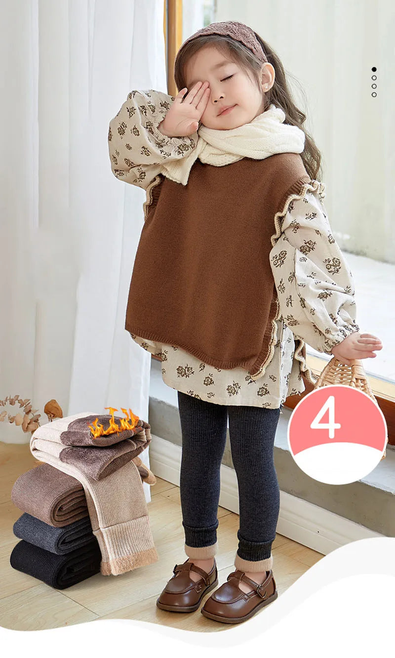 New Autumn Kids Leggings Infant Girls Solid Colour Pit Strip Render Pants Toddler Fleece Padded Warm Trousers 1-3Y Girls