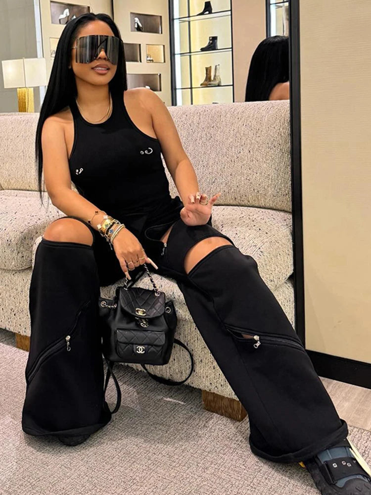 Zip Hollow Pants Street Fashion Trend Casual Sportief Effen Chic Devise Onregelmatig Basic Hipster Wijde Broeken Voor Vrouwen