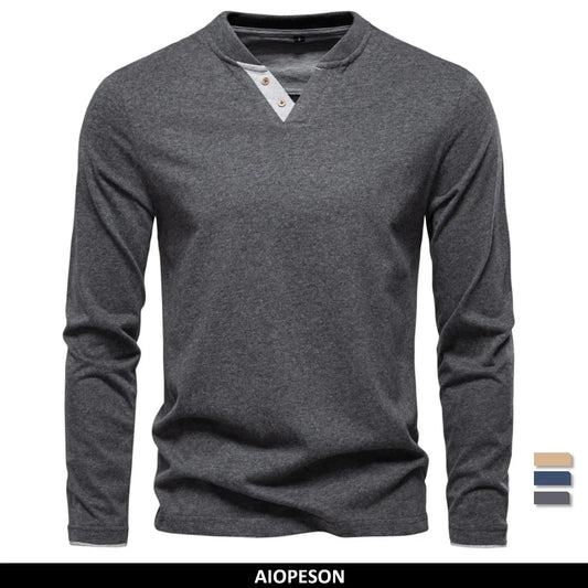 Men's Henley Collar Casual T-Shirt Solid Colour Long Sleeve Autumn Fashion High Quality 100% Cotton Male T-Shirts