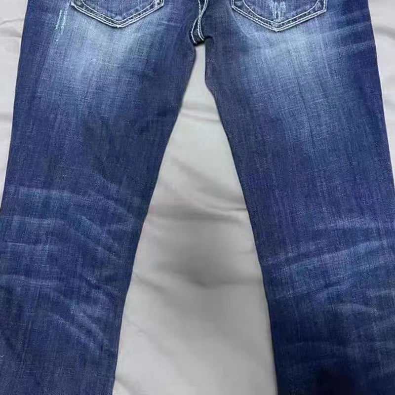Retro Blue Low Rise Flare Jeans for Women Korean Slim Fit Elastic Denim Pants Woman Streetwear Hot Girl Y2K 2000S Jean Trousers