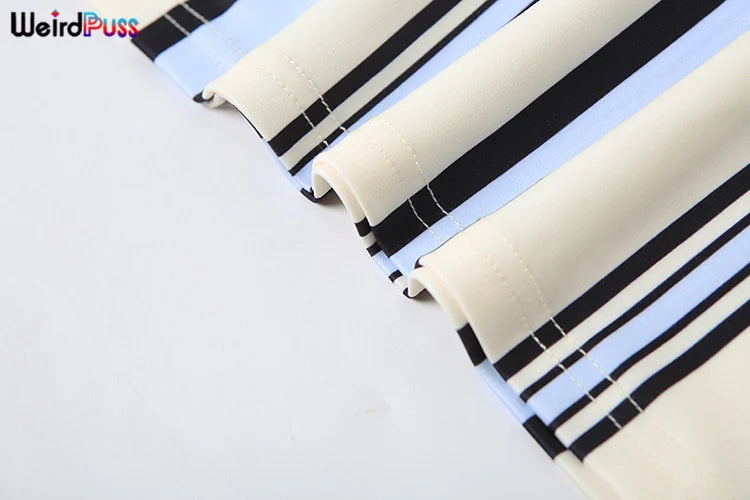 Stripe Print Women 2 Piece Set Summer Backless Low-Neck Halter Tank Tops + Skirts Fashion Vacation Streetwear Outfits