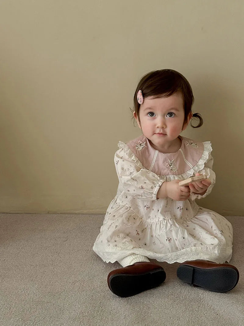 New Autumn Girls Flower Dress Cartoon Bunny Lace Kids Princess Dress Loose Korean Version Children Clothes 9M-5T Girls