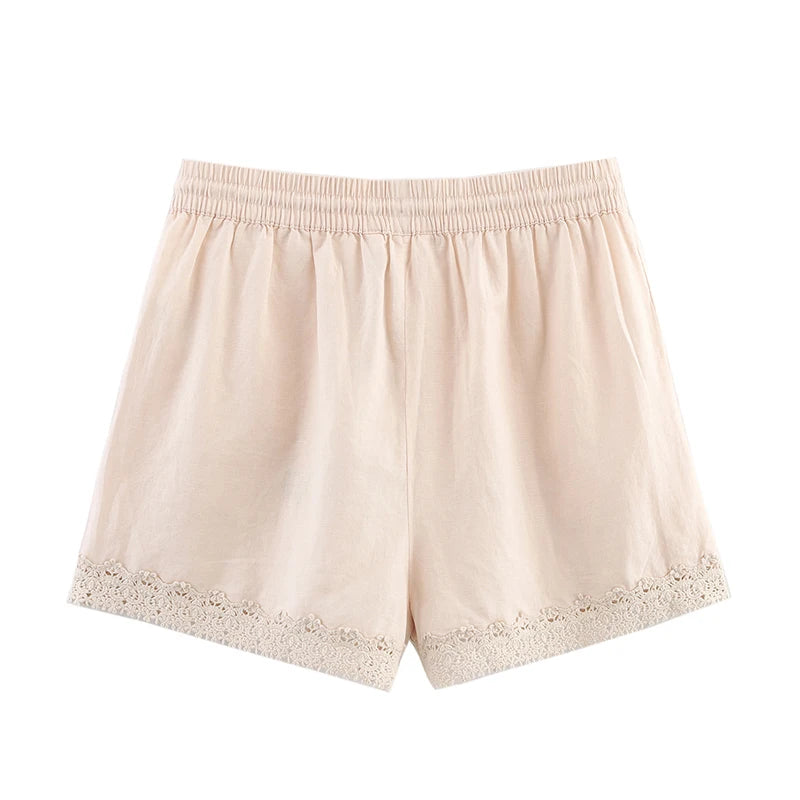 Casual shorts met bloemenborduursel voor dames, elastische tailleband en trekkoorden, polyester shorts voor de middelbare leeftijd, zomercollectie 2025