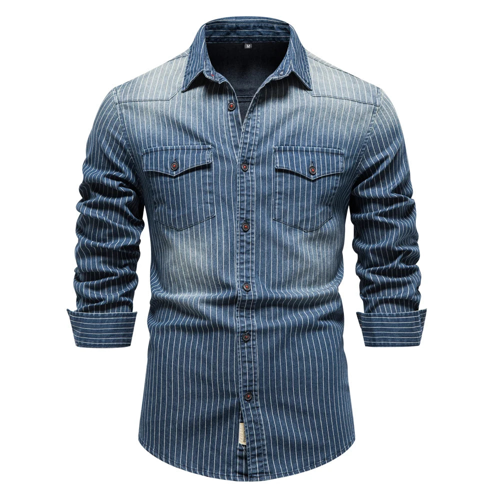 Men's Cotton Denim Shirts Striped Stretch Long Sleeve High Quality Jeans Shirts Casual Slim Cowboy Shirts For Men