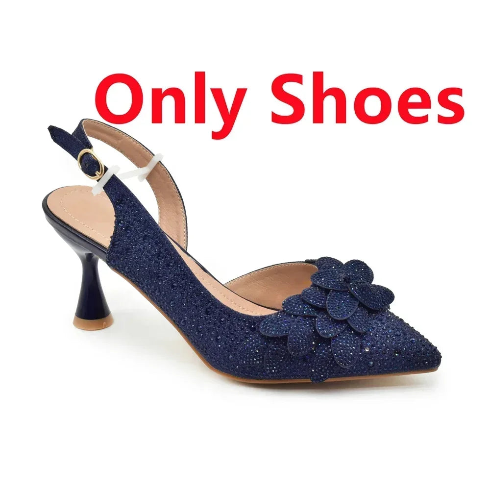 Women's Rhinestones-Decorated Party Luxury Italian Pointed Toe Shoes and Bag Set for Ladies' Wedding Pumps With High Heel