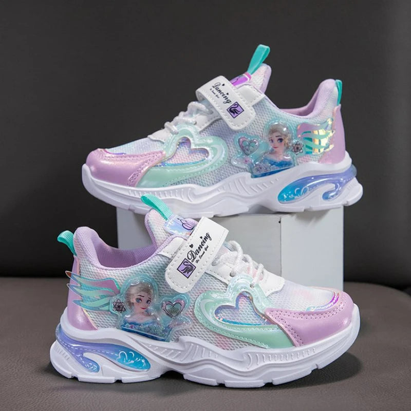 Girls' Casual Shoes Frozen Princess Elsa Sneakers Mesh Leather White Breathable Sole Children's Sport Shoes Size 26-37