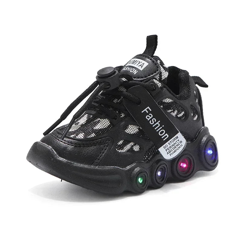 Kids LED Light Up Sneakers - Glow Boys 1-6 Years Breathable Mesh Sporty Shoes Casual Letter Webbing Luminous Footwear