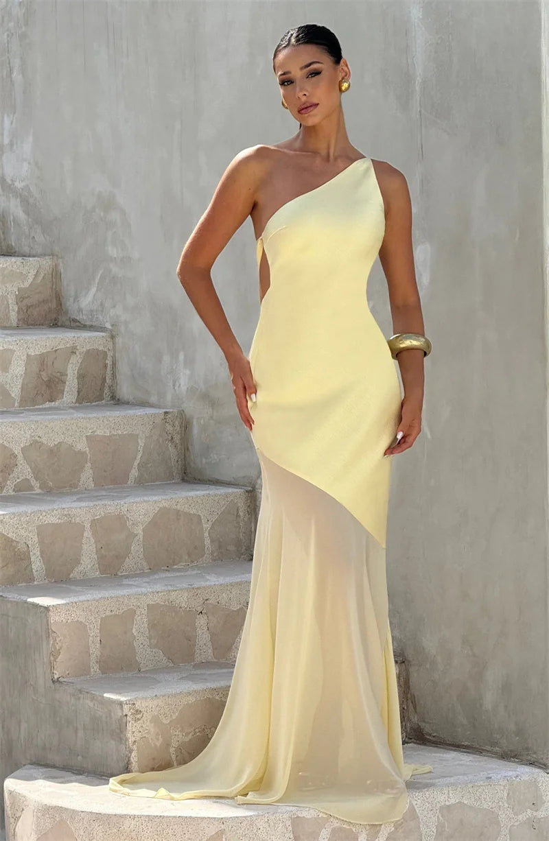 One Shoulder Backless Sleeveless Maxi Dress Women's Sexy Gown Fashion Patchwork Bodycon Club Party Long Dress Elegant Floor-Length
