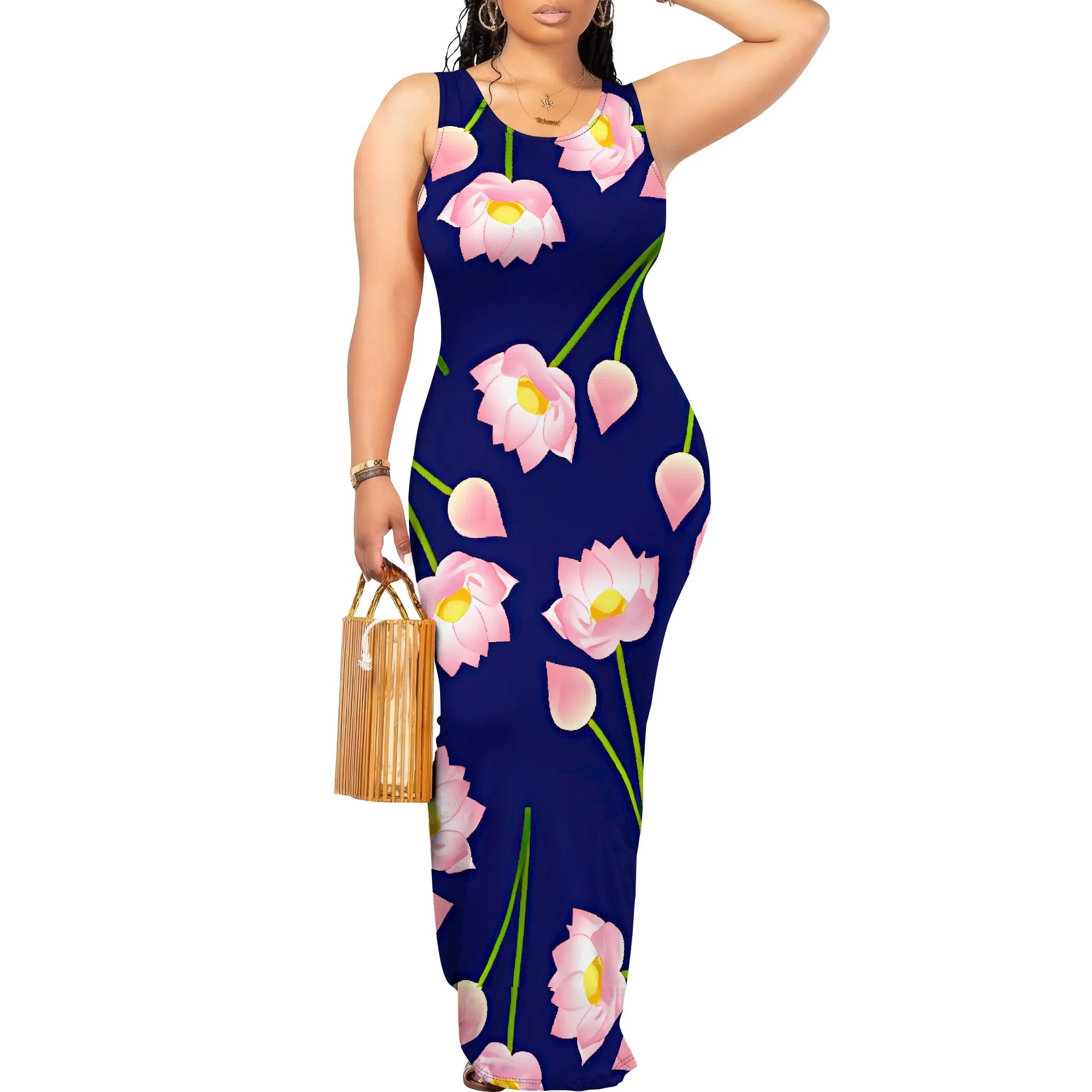 Sleeveless Purple Floral Maxi Dress for Women Slim Fit Long Summer Sundress Korean Style Bodycon Vacation Look