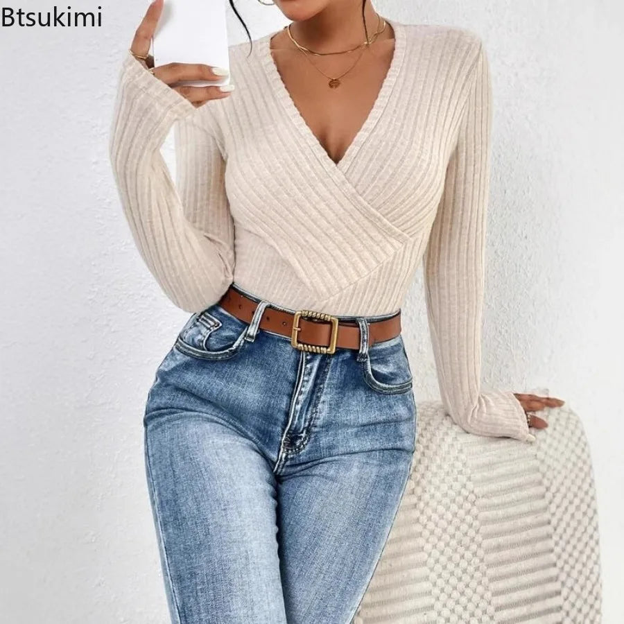 Long Sleeve Women's V-Neck Casual Beige Bodysuit Ribbed Knitted Skinny Body Suit Top for Women 2025 New Spring Autumn Outfits