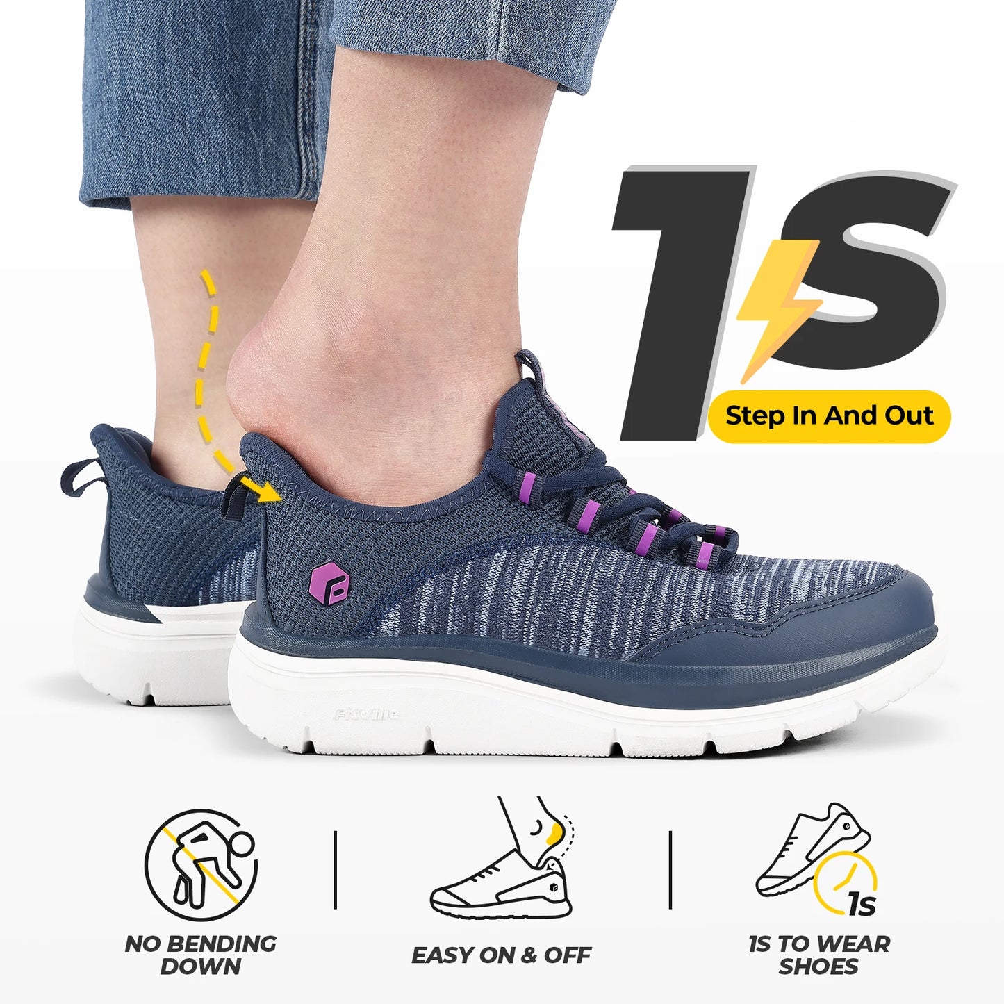 Women's Wide Foot Slip-On Sneakers Hands-Free Running Shoes Walking Shoes for Fat Feet Flat Feet Plantar Fasciitis