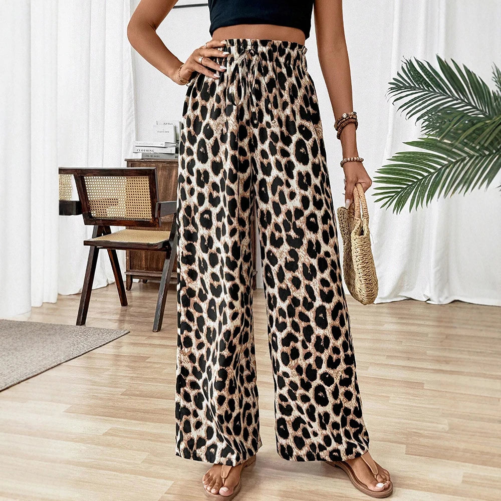 Pants Summer Fashion Leopard Print High Waist Full Length Straight Casual Pants For Women