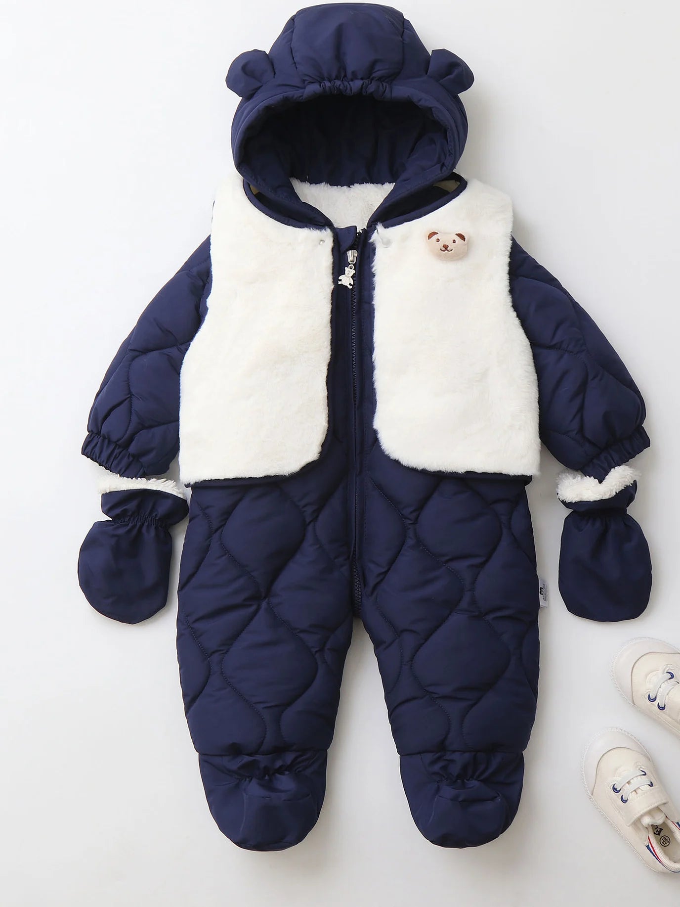 Baby's 2Pcs Winter Warm Clothes Thicken Fleece Rompers Jumpsuits Fur Lining Footie and Vest Snowsuit For Toddlers 0-2Y