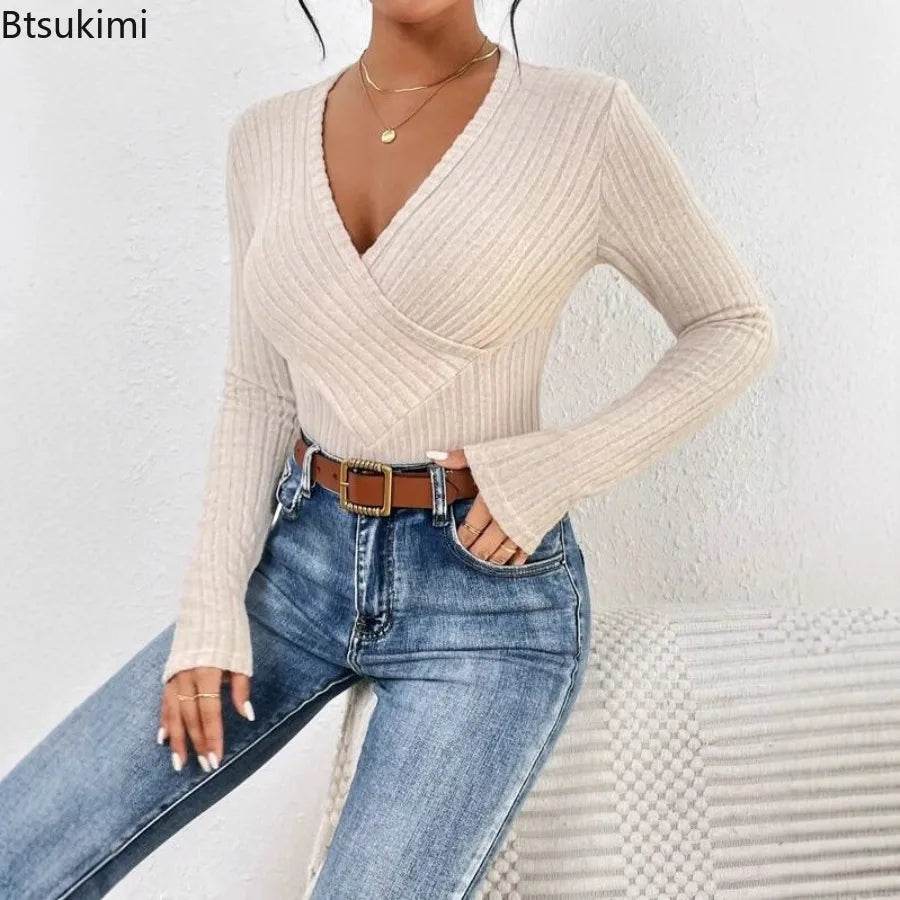 Long Sleeve Women's V-Neck Casual Beige Bodysuit Ribbed Knitted Skinny Body Suit Top for Women 2025 New Spring Autumn Outfits