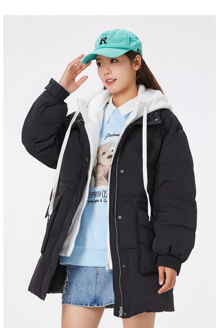 Women's Faux Two-Piece Mid-Length Puffer Jacket With Cosy Polar Fleece Lining, Hooded Warmth Loose Duck Down Coats For Ladies