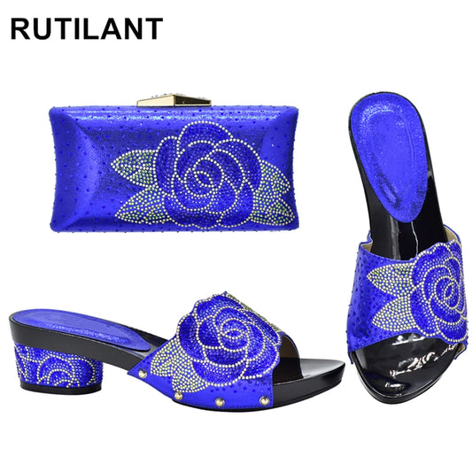 Women's Italian Shoes with Matching Bags Set Decorated with Rhinestone Open Toe Ladies' Slippers Shoes