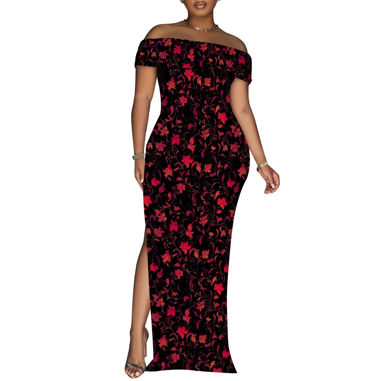 Vintage Floral Off Shoulder Maxi Dress Women Elegant Red Print Bodycon Long Gown Evening Look