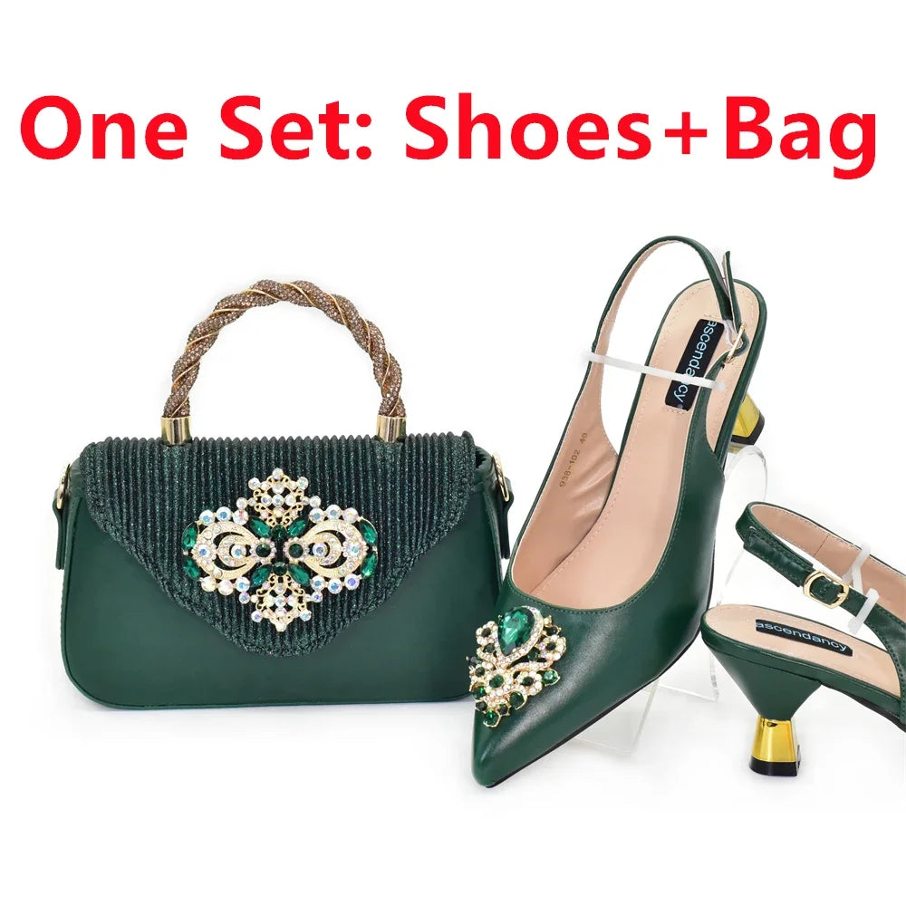 African Matching Shoes and Bags Set Decorated with Rhinestone for Ladies' Party